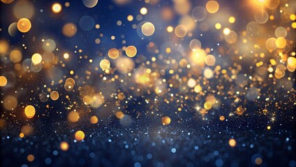 Gold Foil Texture on Dark Blue Background with Glowing Particles and Bokeh Lights
