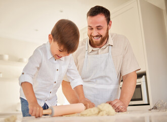 Father, son and rolling dough in kitchen, flour and pastry or food preparation in home. Happy daddy, boy and support in child development, bonding and learning skill or ingredients for cake baking