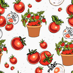 Tomatoes seamless pattern. Printing on textiles, decor, website. Healthy food, organic, vegetarian concept with vegetables and herbs. Vector illustration