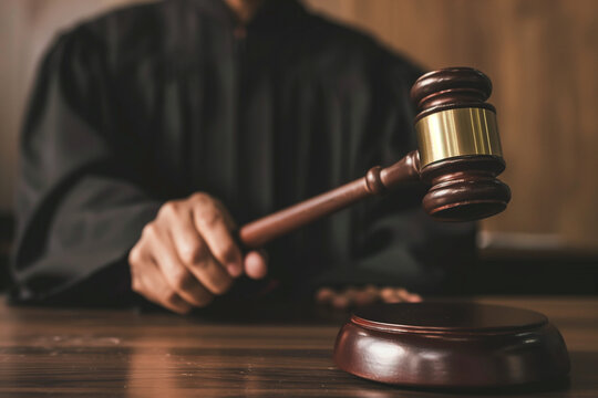 A judge is holding a gavel and wearing a black robe. The gavel is on a wooden stand