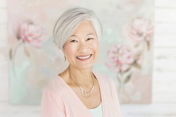 Radiant Senior Asian Woman Celebrating Beauty in Minimalist Studio with Soft Lighting