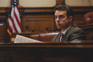 A man in a suit is sitting in a courtroom with a book in front of him. He is wearing a tie and he is reading the book