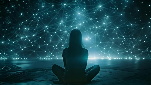 A woman sits in a dark room her mind linked to a network of individuals who share their thoughts and experiences creating a shared reality..