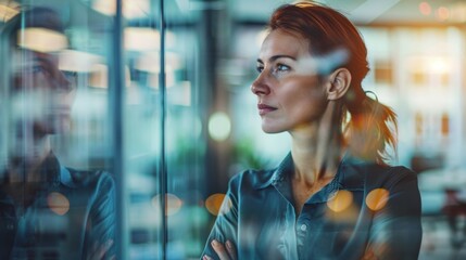 Naklejka premium Businesswoman gazing thoughtfully out of a window in a modern office, reflecting on future goals and planning strategies.