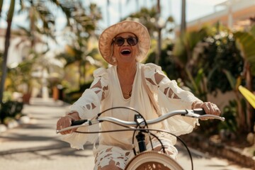 Energetic Senior Latina Woman Cycling in Vibrant City Park, Exuding Joy in Sunny Daytime