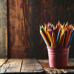 Colorful pencils and stationery on wooden table. Back to school concept, Back to School background concept, AI generated
