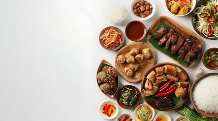Authentic Indonesian Food Spread - Top View Realistic Presentation on Plain White Background in Ultra HD 8K Resolution