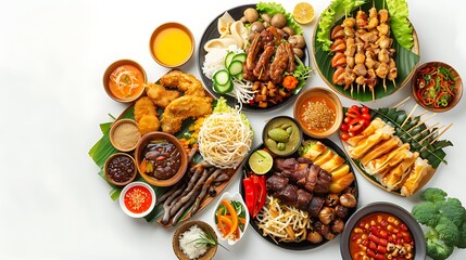 Fototapeta premium Vibrant Collection of Authentic Indonesian Food from a Top View on Clean White Background in Stunning 8K Resolution for Culinary Concepts