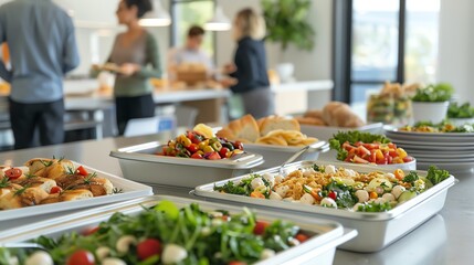 A variety of boxed lunches displayed on a table in a break room