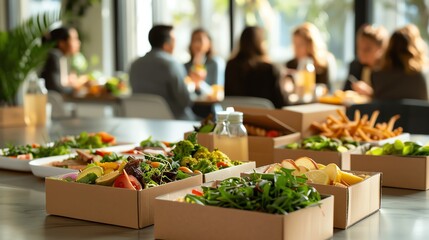 A variety of boxed lunches displayed on a table in a break room