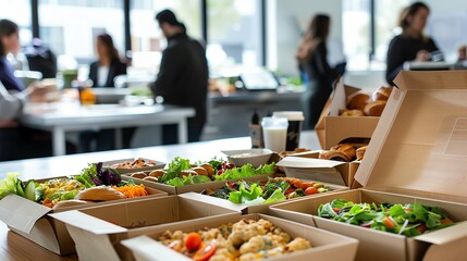 A variety of boxed lunches displayed on a table in a break room