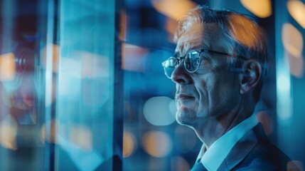 Pensive elderly businessman with glasses, looking out through glass wall, surrounded by blue reflections and office lights.