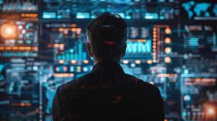 Man looking at futuristic digital interface with data and analytics. Concept of technology, artificial intelligence, and information systems.