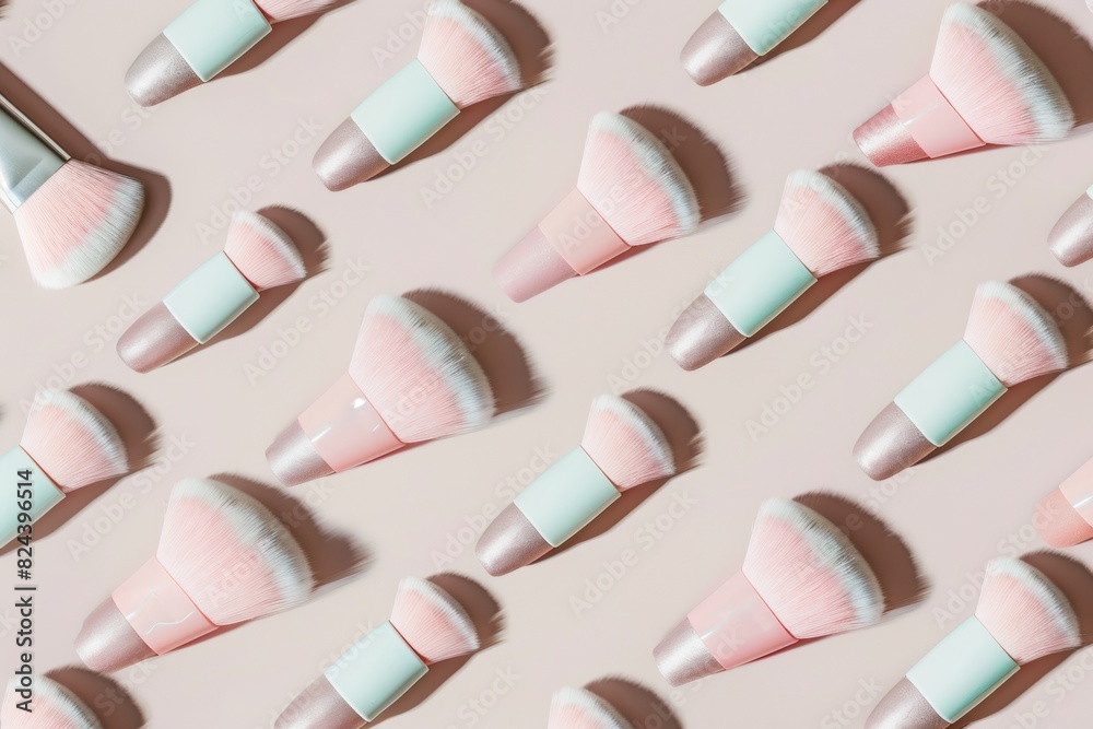 Poster elegant pattern of pink makeup brushes on a monochrome beige background, emphasizing simplicity and 