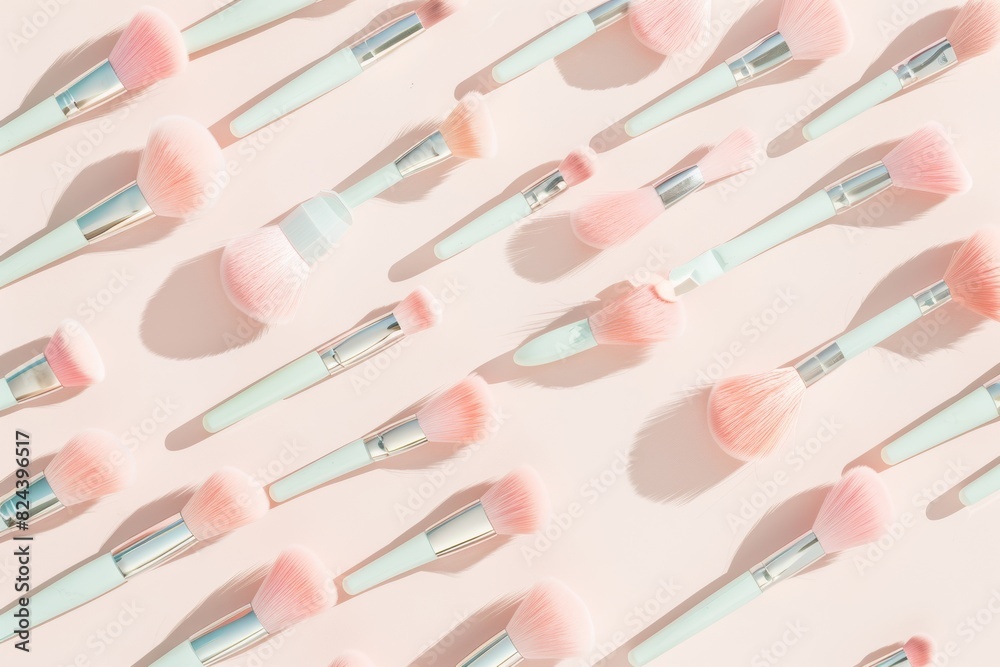 Aufkleber Elegant Simplicity: Soft Pink Makeup Brushes on a Pale Beige Background in Even Distribution, Emphasizing Monochromatic Color Scheme and Clean Composition