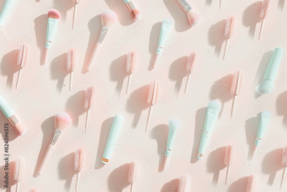 Poster Elegant Display of Soft Pink Makeup Brushes on a Pale Beige Background with Shadows Casting Depth
