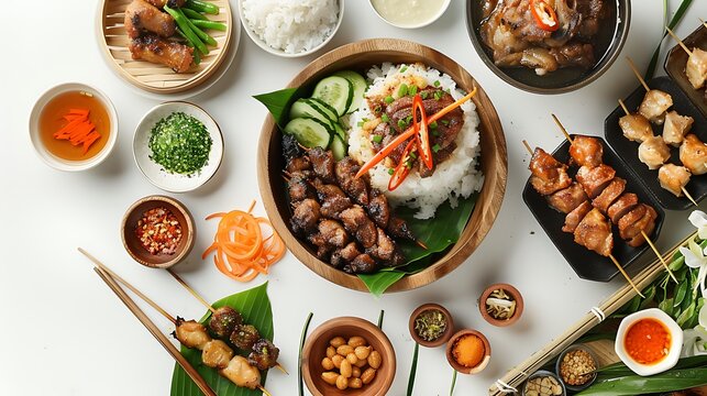 Authentic Indonesian Culinary Delights Top View on White Background in Stunning 8K Resolution