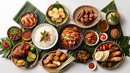 Delicious Indonesian Food Spread on White Background in High Definition 8K Top View