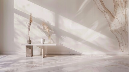 Serene Morning in a Marble Yoga Studio: Soft Pastels and Vibrant Light Casting a Tranquil Glow