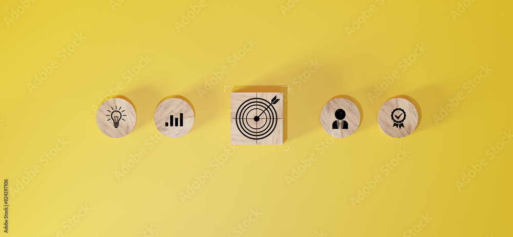 Wall mural woods block step on table with icon action plan, goal and target, success and business target concep