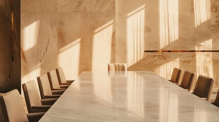 Sunlit White Marble Boardroom with Vibrant Aesthetic and Subtle Gold Accents Just Before a Meeting