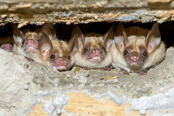 Eerie Scene of Bats Roosting in an Attic, Homeowners Investigating Mysterious Noises with Flashlights, Evoking an Atmosphere of Unexpected Encounters and Chaos.