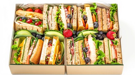 A neatly arranged boxed lunch with a variety of gourmet sandwiches
