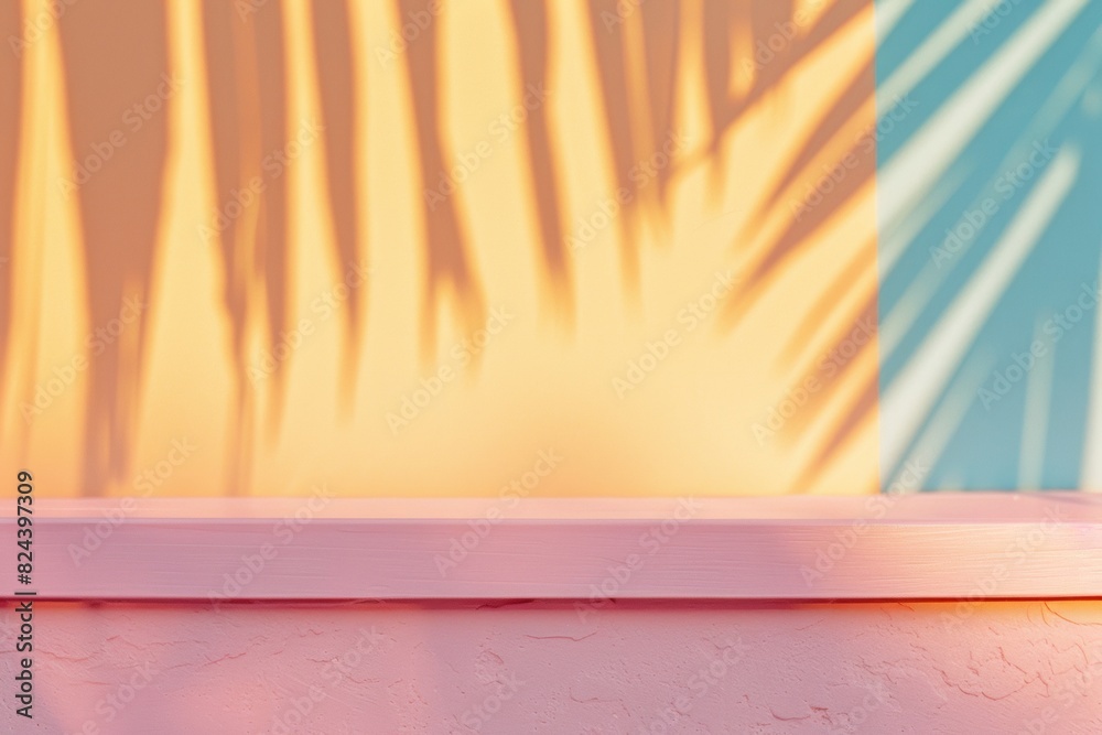 Poster serene pastel pink spa table with soft sunlight and shadows, empty setting for relaxation and rejuve