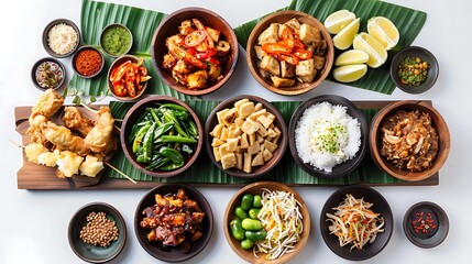 Authentic Indonesian Culinary Delights - Top View Realistic Group of Food on Plain White Background in Stunning HD 8K Quality