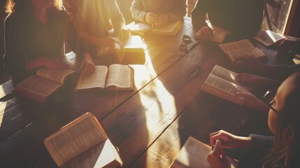Small group of diverse people reading the Bible together.