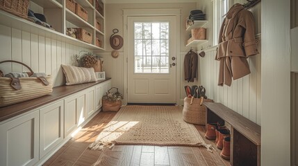 commercial photo, close-up, mudroom items, bottom view, soft light