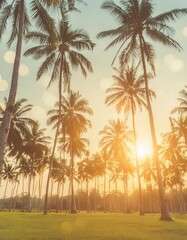 Fototapeta premium Tropical Splendor: Sunset Sky with Palm Coconut Trees and Bokeh