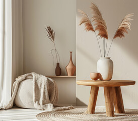 Elegant minimalist interiors in warm tones with minimal furniture. Interior design composition with...