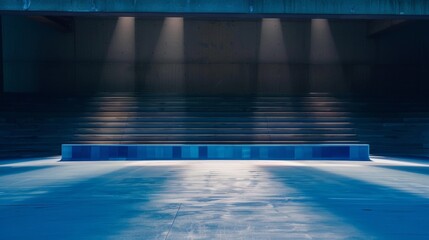 Obraz premium Vibrant Blue Ceramic Surface Illuminated by Beams of Light, Evoking a Sense of Adventure in a Travel-Like Setting