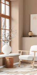 Elegant minimalist interiors in warm tones with minimal furniture. Interior design composition with copyspace for text.