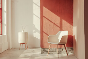 Elegant minimalist interiors in warm tones with minimal furniture. Interior design composition with copyspace for text.