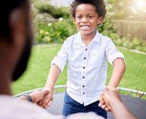 Black boy, child and father outdoor with trampoline for playing with sunshine in backyard for fun on weekend afternoon for bonding. Growth, development and pov with kid for joy or childhood and jump. - Powered by Adobe