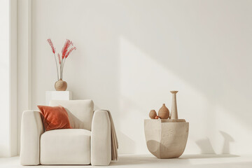 Elegant minimalist interiors in warm tones with minimal furniture. Interior design composition with...