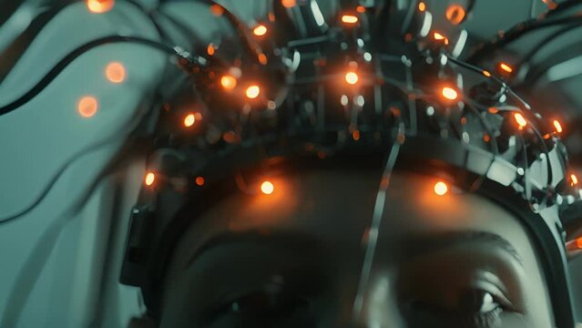 A futuristiclooking device with electrodes attached to a persons scalp claiming to use transcranial direct current stimulation to enhance cognitive function and promote states of heightened.