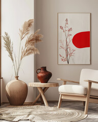 Elegant minimalist interiors in warm tones with minimal furniture. Interior design composition with copyspace for text.