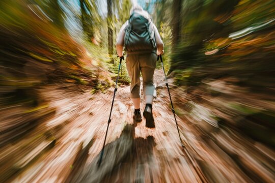 Elderly Woman Trekking with Hiking Poles on Scenic Mountain Trail, Emphasizing Healthy Lifestyle and Motion Blur