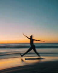 Young Woman Practicing Yoga on Beach at Sunrise, Capturing Motion and Balance