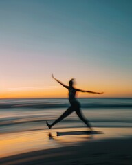 Fototapeta premium Young Woman Practicing Yoga on Beach at Sunrise, Capturing Motion and Balance