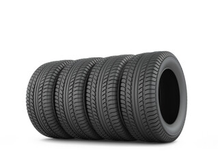 Four black rubber tires on a white background.