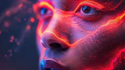 Surreal image of a face merging with holographic business graphics and die cuts