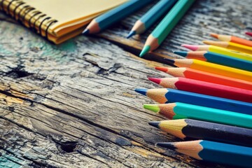 Fototapeta premium Colorful pencils and stationery on wooden table. Back to school concept, Back to School background concept, AI generated