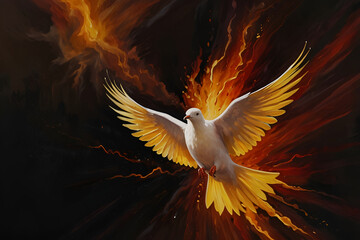 Obraz premium a dove that is flying in the air with flames Flames of Devotion An Oil Painting Depicting the Holy 