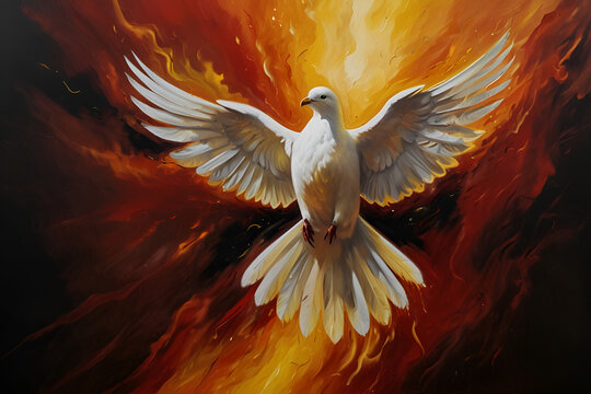 a bird flying in the air with flames and a flying dove An Oil Painting of the Holy Spirit in Yellow 