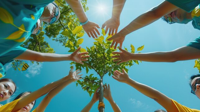 People of all ages and races coming together to plant a tree to show unity and care for the environment. AIG535