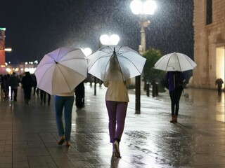 Generated image, People walking with umbrellas in the rain at night
